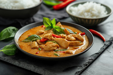 Delicious chicken curry with rice in bowl on table
