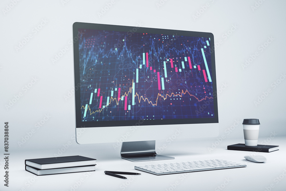 Poster abstract creative financial graph on modern laptop monitor, forex and investment concept. 3d renderi