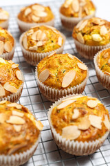 Beautiful and fresh homemade zucchini muffins. Food photography on white background.
