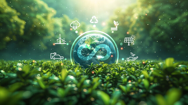 virtual globe with circular economy icons on natural and city background , Circular economy is sustainable business development in the future by use AI generative technique.