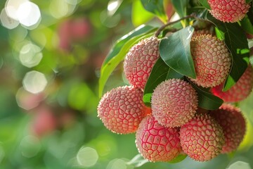 A cluster of ripe lychee fruits hanging from a branch, their juicy sweetness waiting to be savored.