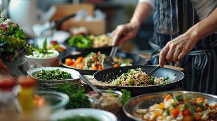 Obraz premium A series of buckwheat-based dishes being prepared in a vegan cooking class, highlighting its versatility