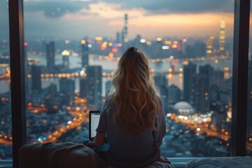 Young Woman Working on Laptop by Penthouse Window Overlooking Vibrant City Skyline During Evening in a Tall Skyscrapercityscape