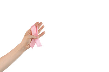 breast cancer symbol, hand with pink ribbon, healthcare support campaign,white background