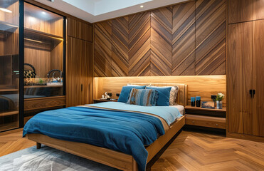 The bedroom wall is made of wooden panels in a chevron pattern, creating an elegant and warm atmosphere.