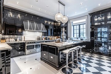 A stylish Art Deco kitchen with black cabinetry and silver accents The floor is made of black and white checkered tiles