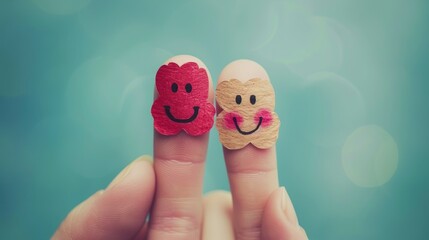 Joyful Finger Faces Over Sparkling Blue Lights. Charming image of two fingers decorated with smiling faces, set against a backdrop of blurred blue lights, representing joy and positivity