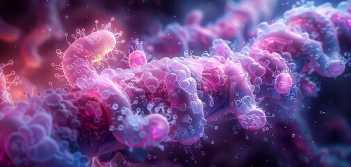 Close-up of complex, colorful molecular structure in vibrant colors, highlighting scientific and biological details in high resolution.