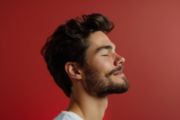 Fototapeta premium A close up of a man with beard and closed eyes looking to a side