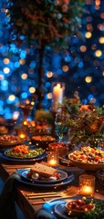 Elegant festive dinner table setup with delicious dishes, glowing candles, and a beautiful bokeh background creating a magical atmosphere.
