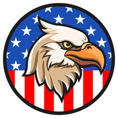 vector mascot illustration a circle of dashing eagle heads with an american flag motif in the background, work of hand drawn