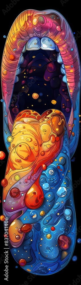 Poster vibrant abstract painting of an open mouth with colorful, fluid shapes flowing out, creating a mesme