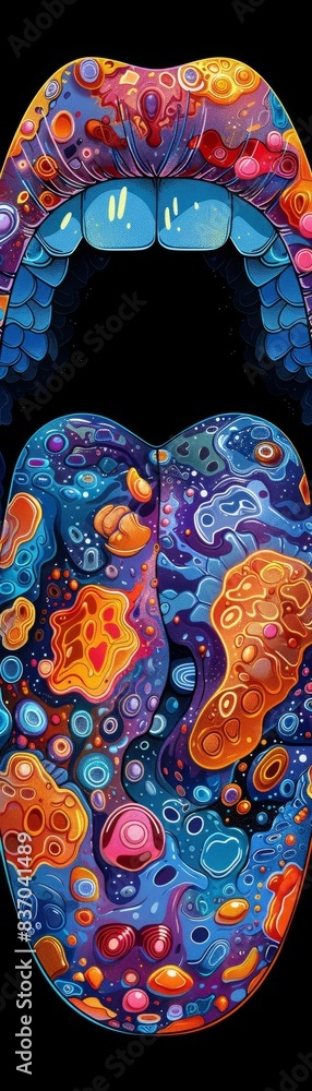 Poster vibrant abstract artwork featuring a colorful, psychedelic open mouth with intricate patterns and te