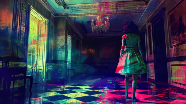 vintage diva image: a woman in a retro dress against the background of a stylized interior in the style of the 50s, conveying the elegance and romance of bygone times ::3 chromatic ::3 --no text --ar