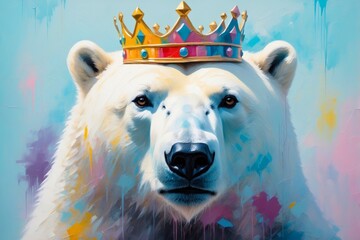 Colorful abstract portrait painting of a cute adorable polar bear animal with crown.	