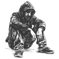 homeless full body with engraving style black color only