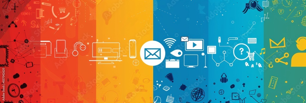 Poster digital communication infographic. a vibrant four-panel infographic banner showcasing a range of dig