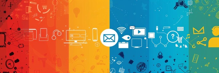 Digital Communication Infographic. A vibrant four-panel infographic banner showcasing a range of digital communication tools and concepts, ideal for professional networking sites.