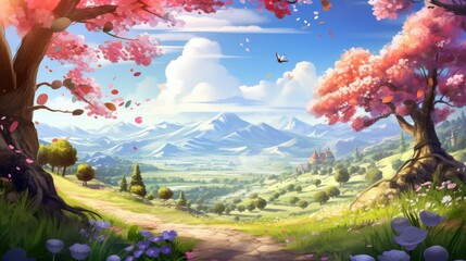 Spring nature scene with blooming flowers and a sunny backdrop