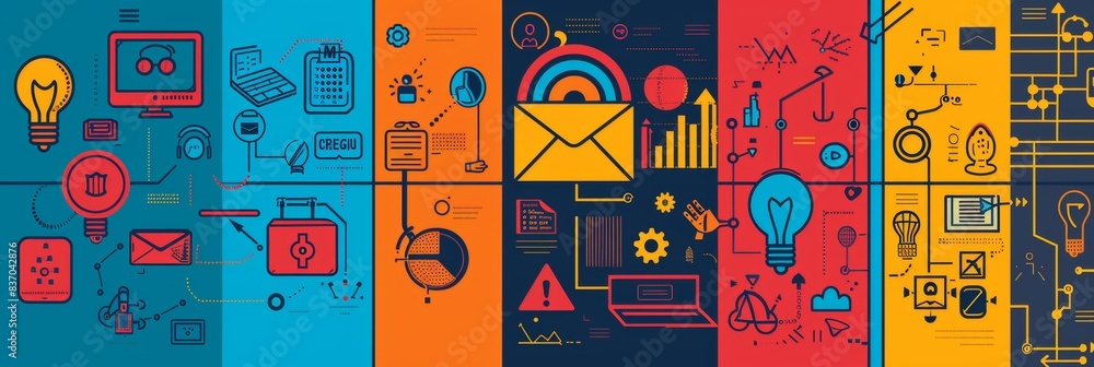 Poster digital communication infographic. a vibrant four-panel infographic banner showcasing a range of dig