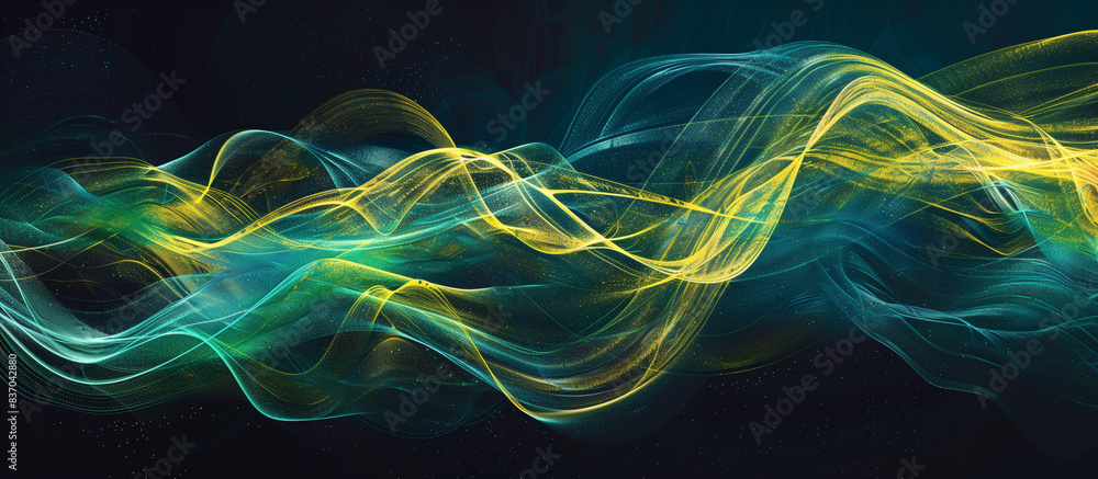 Poster a dark background with swirling lines of yellow and teal energy, representing the concept of ai tech
