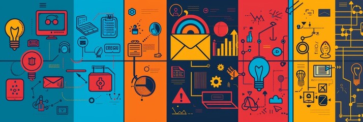 Digital Communication Infographic. A vibrant four-panel infographic banner showcasing a range of digital communication tools and concepts, ideal for professional networking sites.