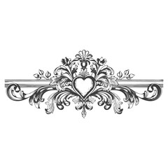 horizontal line divider with Hearth shape Baroque engraving style black color only