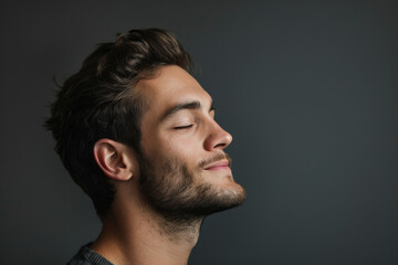 Fototapeta premium A close up of a man with beard and closed eyes looking to a side