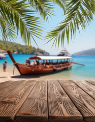 Obraz premium Summer beach view with an empty wooden table against blurred touristic daily boat tour ship and tourist silhouettes
