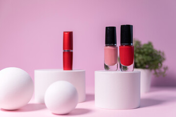 Minimal layout with a podium for product demonstration. Abstract white background of geometric...