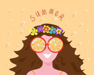 Girl in sunglasses. Hand lettering Summer. Fruits, orange slices. Bright clothes, long hair. The woman is happy and cheerful. Vector illustration. Isolated background.