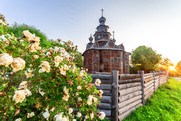 Suzdal, Vladimir region, Russia, Golden Ring - View of the Church of the Transfiguration of the Savior from the village of Kozlyatevo in the ancient Russian city of Suzdal. A summer evening.