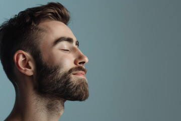 Fototapeta premium A close up of a man with beard and closed eyes looking to a side