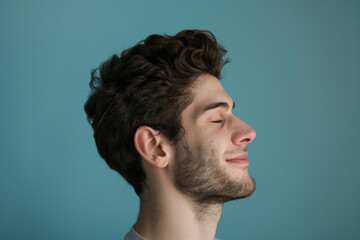 Obraz premium A close up of a man with beard and closed eyes looking to a side