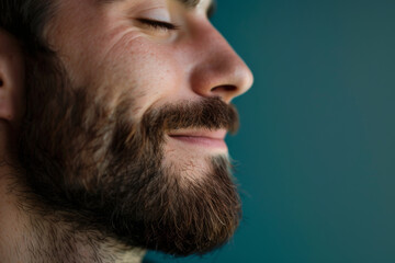 Obraz premium A close up of a man with beard and closed eyes looking to a side