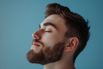 Obraz premium A close up of a man with beard and closed eyes looking to a side