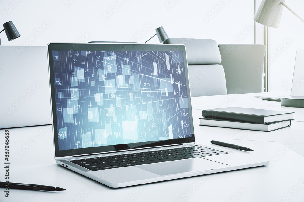 Poster Modern computer screen with creative statistics data hologram, stats and analytics concept. 3D Rendering