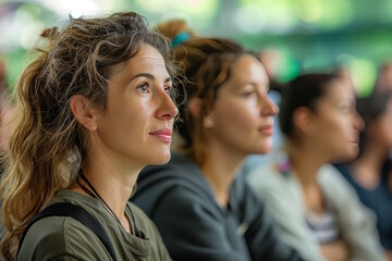 Fototapeta premium Women attentively listening in an outdoor seminar, concept of education and community learning