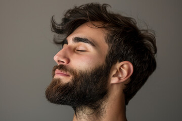 Obraz premium A close up of a man with beard and closed eyes looking to a side