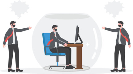Fototapeta premium Happy businessman meditating and relaxing inside glass dome while others colleagues shouting outside. Stress management business concept. 