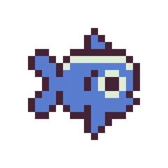 Fish logo pixel art style icon element, design app, web, tattoo, sticker and emoji. Isolated abstract vector illustration. Video game sprite. 