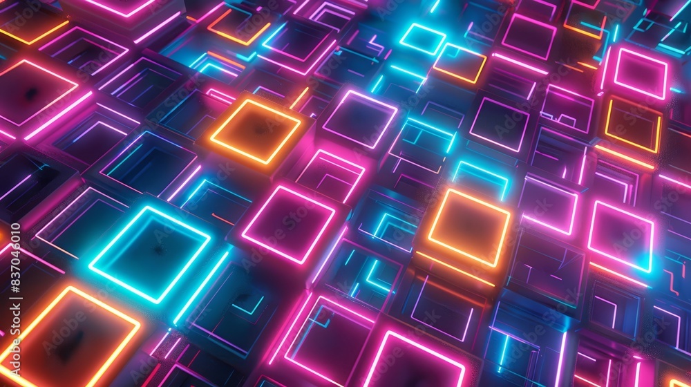 Poster endless neon connectivity. an abstract pattern of endlessly connecting neon squares, symbolizing dig