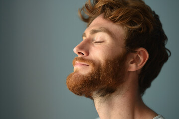 Fototapeta premium A close up of a man with beard and closed eyes looking to a side