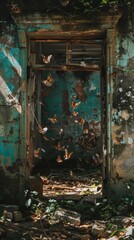 Hopeful Rebirth: Vibrant 4K Wallpaper Depicting a Ruined Building Surrounded by Glowing Butterflies