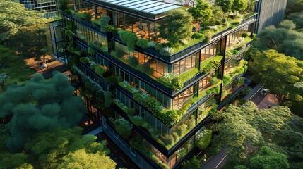 Green office building with glass facade and trees planted along the perimeter