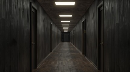 Mysterious Hotel Corridor. A dark, atmospheric corridor of a modern hotel, evoking a sense of mystery and contemporary elegance.