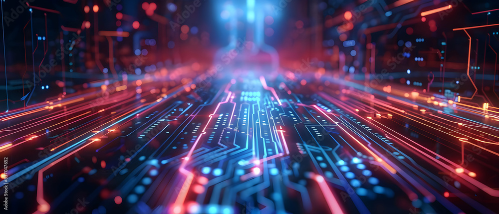 Poster futuristic digital circuit background with colorful neon lights representing technology, ai, and dat