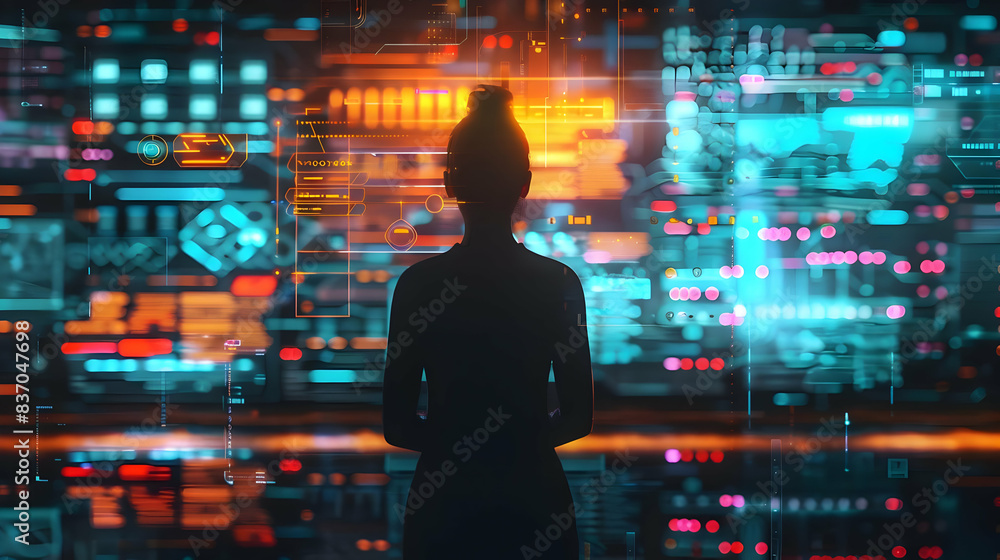 Poster silhouette of a person analyzing complex data on a futuristic digital interface, symbolizing technol
