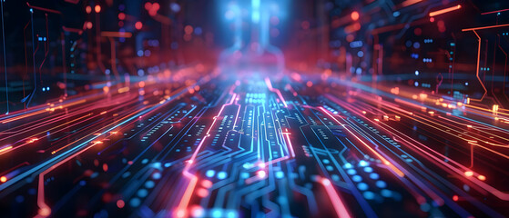 Obraz premium Futuristic digital circuit background with colorful neon lights representing technology, AI, and data flow in a cyber world.