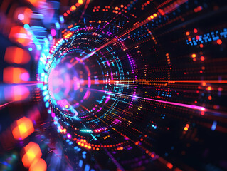 Fototapeta premium Hyperspace warp speed abstract illustration with vibrant neon lights and dynamic motion. Futuristic digital technology and data concept.